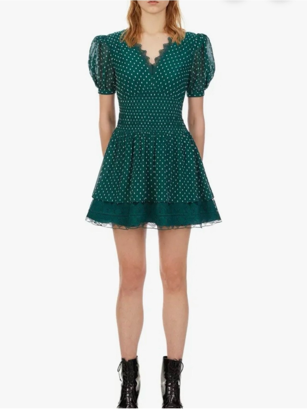 Self Portrait Puff-Sleeve Knot-Embroidered Woven Mini Dress